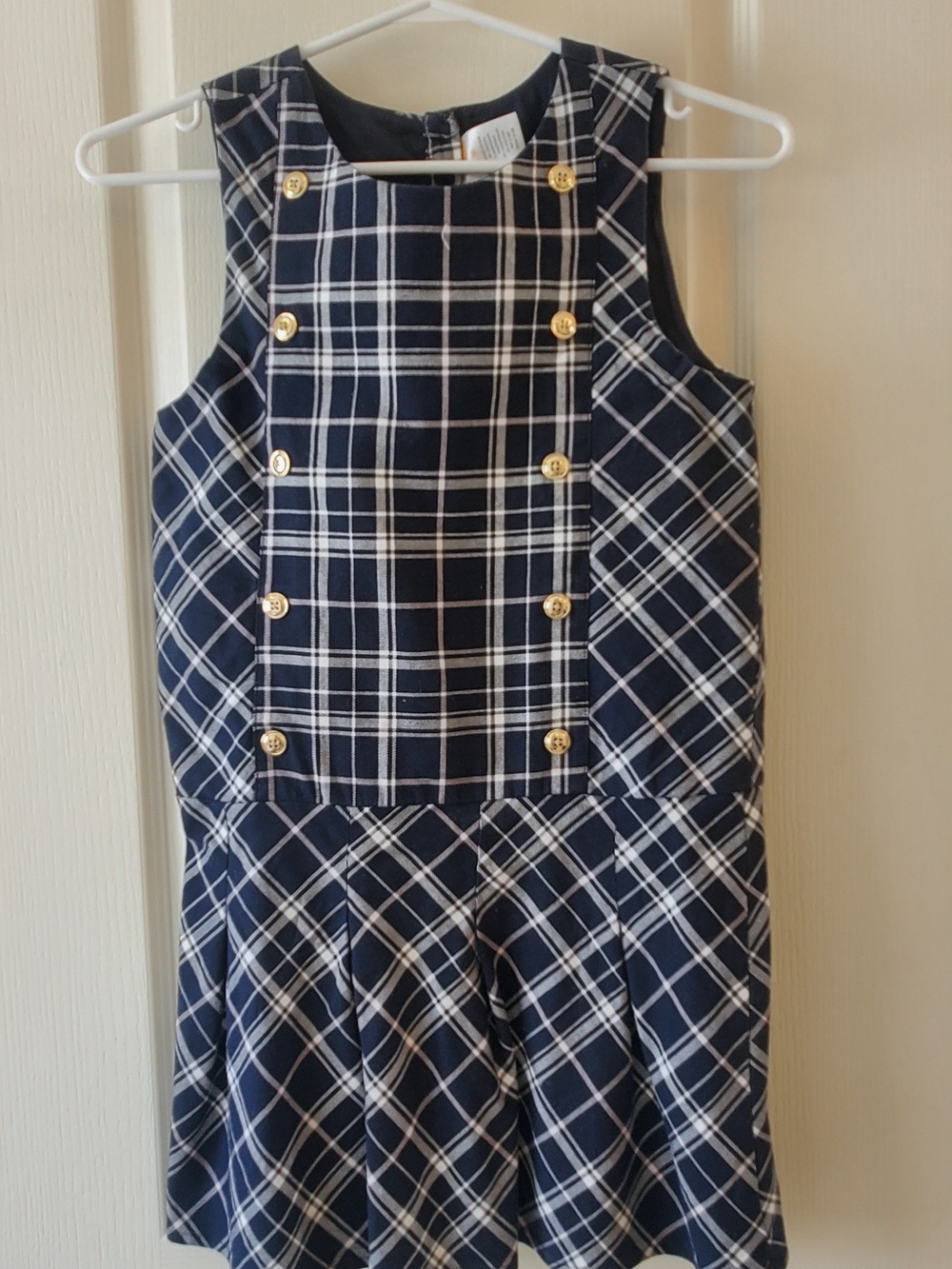 Gymboree Navy & White Plaid Jumper Romper with Gold Buttons